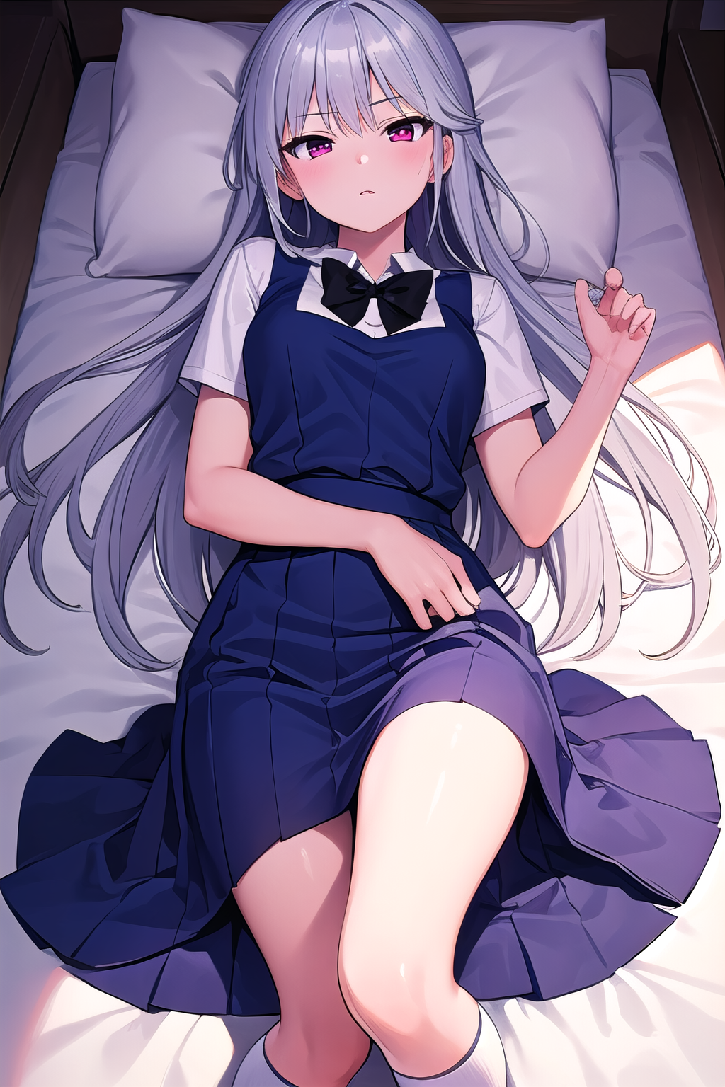 masterpiece, best quality, ultra-detailed, 1girl,  kazami kazuki, silver hair, long hair, purple eyes, school uniform, black bow, white kneehighs, lying