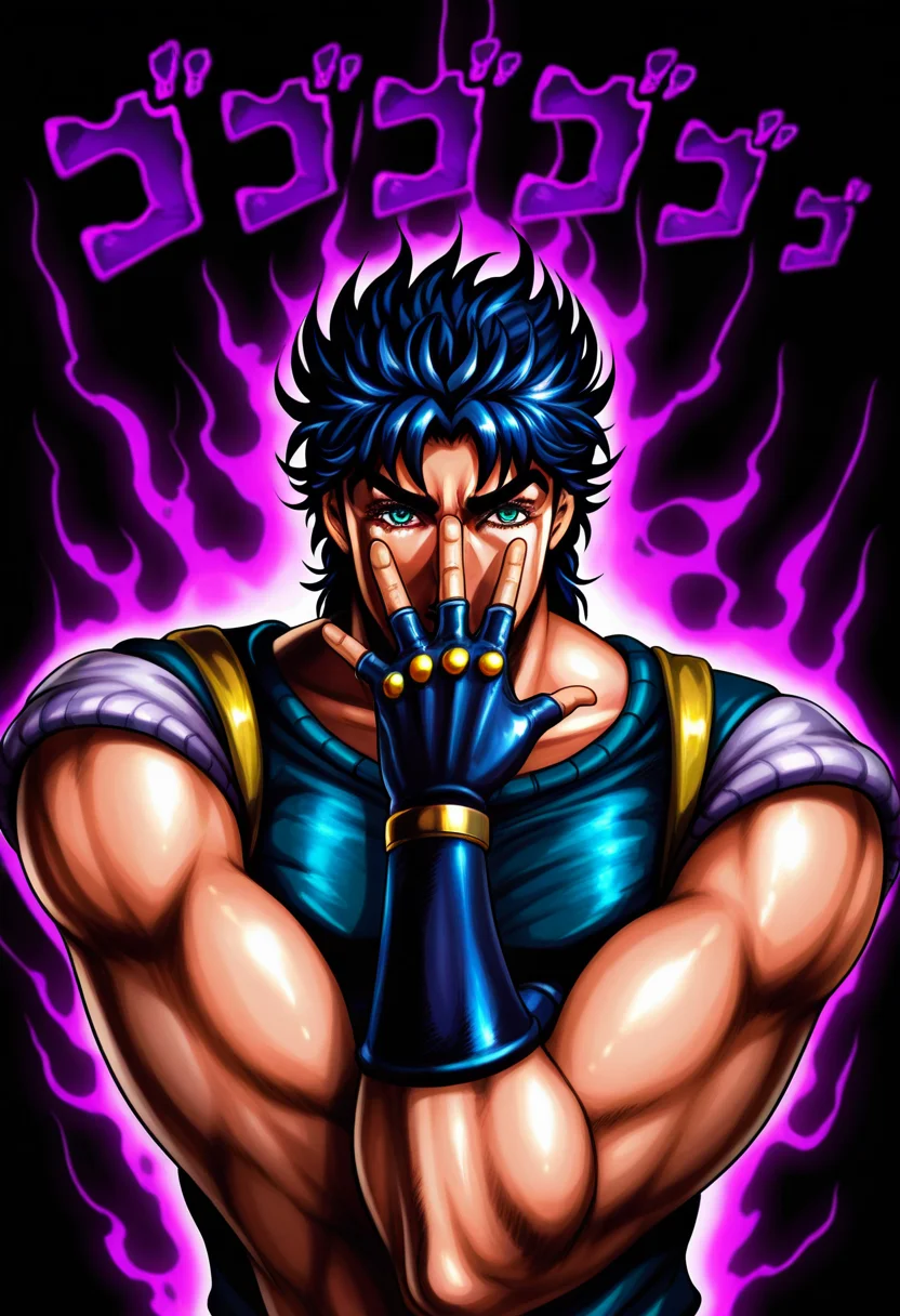 masterpiece, high quality, j0n4th4n, jojo pose, covering own mouth, covering face, 1boy, solo, male focus, jonathan joestar, araki hirohiko (style), menacing, aura, black background, looking at viewer, upper body, one hand down,
