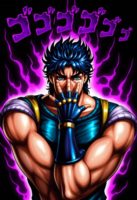 masterpiece, high quality, j0n4th4n, jojo pose, covering own mouth, covering face, 1boy, solo, male focus, jonathan joestar, araki hirohiko (style), menacing, aura, black background, looking at viewer, upper body, one hand down,