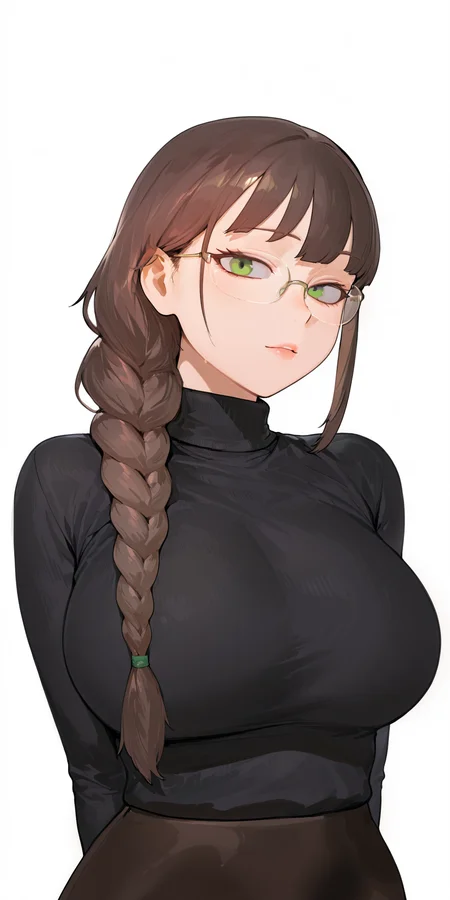 {{amazing quality, best quality, high quality, very aesthetic}}, 1girl, solo, looking at viewer, simple background, brown hair, bangs, single braid, green eyes, glasses, black sweater, turtleneck, large breasts
<lora:sohn_woohyoung_style:1>