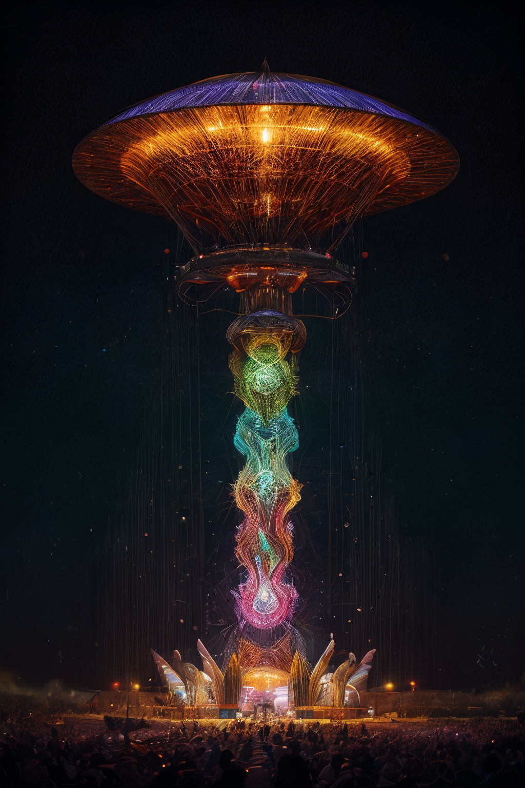 realistic,best quality,
a giant delicate mushroom space elevator made of opal above a futuristic city center,integrated computer circuitry in stem,ray tracing,glowing light particles,the early morning light,adorned with glistening techno dewdrops. in the background beautiful futuristic rave party,divine iridescent glowing,opalescent textures,volumetric light,ethereal,sparkling,light inside body,bioluminescence,highly detailed,sharp focus,<lora:add_detail:1>,cyber punk,psychedelic,gemtech,emerald,<lora:ral-colorswirl-sd15:0.5>,ral-colorswirl,<lora:DETAIL_SLIDER_BY_STABLE_YOGI:0.8>,<lora:Psykadelicwoxel3d:0.8>,psykadelicwoxel3d,made of voxels,