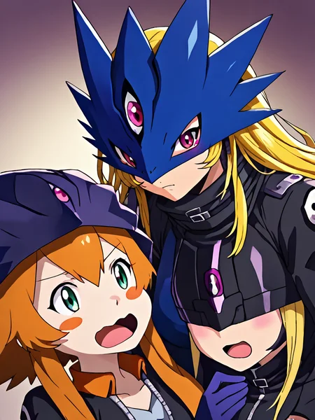 score_9, score_8_up, score_7_up, volumetric lighting, beelstarmon, long hair, short hair, gloves, long sleeves, 2girls, blush stickers, <lora:digimon_pony_v1_mx:0.9>