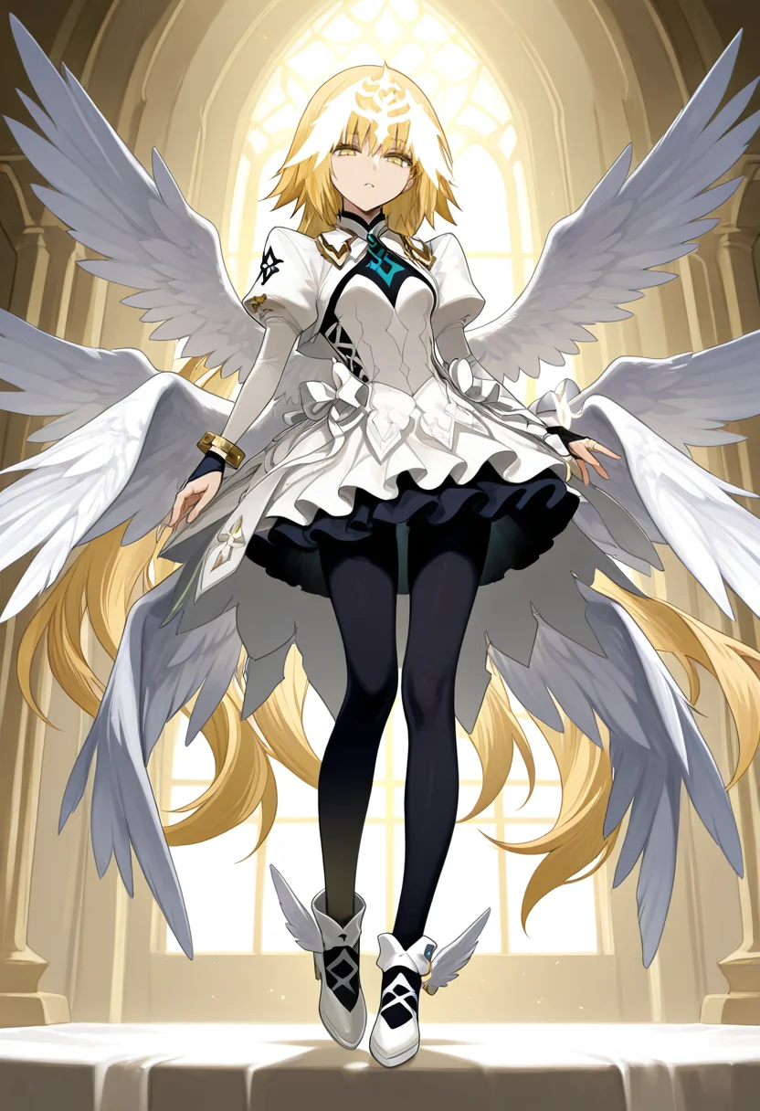 <lora:Metatron_Jeanne:1> metatronjeanne, 1girl, long hair, very long hair, blonde hair, yellow eyes, small breasts, breasts, wings, feathered wings, white wings, angel wings, multiple wings, white dress, dress, pantyhose, black pantyhose, long sleeves, puffy sleeves, juliet sleeves, shoes, white shoes, winged shoes, bridal gauntlets, frills, ribbon, jewelry, bracelet, headpiece, indoors,, masterpiece,best quality,amazing quality,