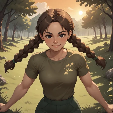 score_9, score_8, BREAK, solo, wii, mii, wii sports, 1girl, female mii, brown hair, low braids, black eyes, black eyebrows, blush, breasts, brown clothing, black pants, shoes, nintendo mii, modern_mii, classic_mii, Yuriko_(Wii_Sports), cute, sexy pose, self portrait, smile, outdoors, sunlight, shadows, evening lighting, natural lighting, forest, trees, grass, orange sky, sunset
