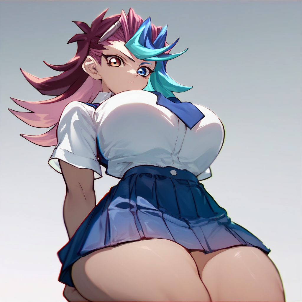 score_9, score_8_up, score_7_up, YGO, 1girl, multicolored hair, heterochromia, school uniform, big breast, thick thighs, Yu-gi-oh!
