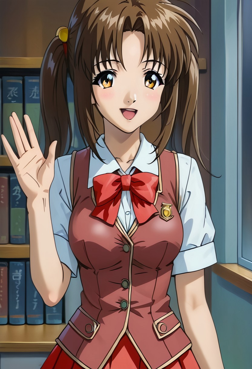 SCORE_9, SCORE_8_UP, SOURCE_ANIME, REALISTIC, UPPER BODY, PORTRAIT, BREAK, 1FEMALE, SOLO, YUNA WAKAO, BROWN HAIR, TWINTAILS, HAIRTIE, AMBER EYES, HAPPY, SCHOOLGIRL VEST, SHORT SLEEVES, BOWTIE, MINI SKIRT, WAVING EXCITEDLY, BREAK, INDOOR, FEMENINE BEDROOM, NIGHT, HIGH RESOLUTION, VIVID TEXTURES