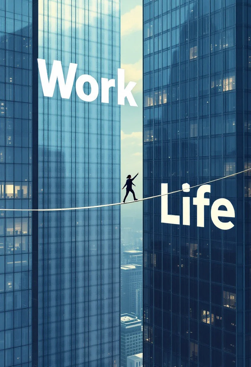 A person tightrope walking between two skyscrapers, one building with big pancart text "Work" and the other building with big pancart text "Life".