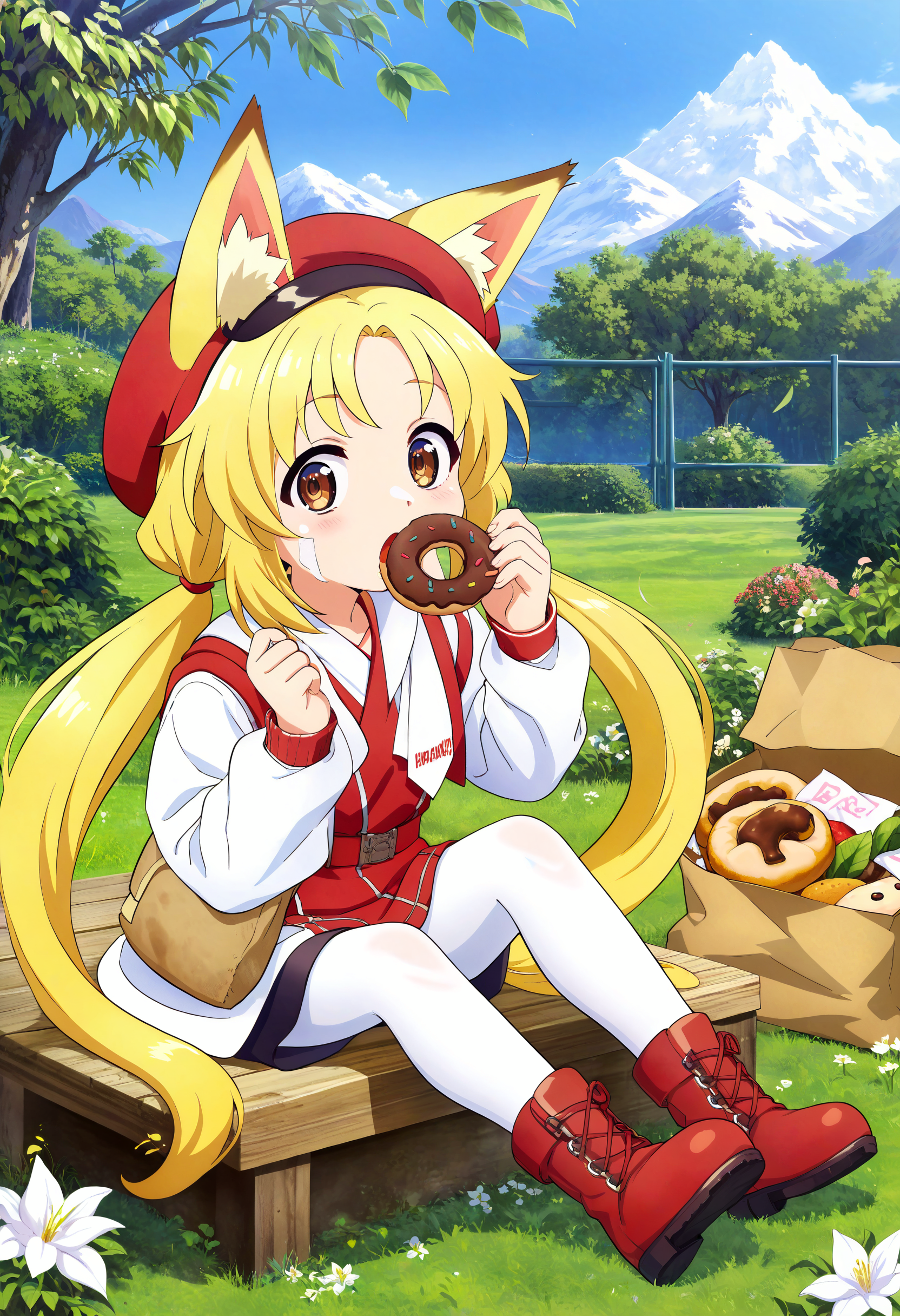 score_9,score_8_up,score_7_up,score_6_up,source_anime,<lora:MeMaHadrian>,1girl,chibi,outdoors,grass,mountain,animal ears,bag,blonde hair,boots,borrowed character,brown eyes,crossed belts,double-parted bangs,eating,feet up,flower,foliage,food,fox ears,hands up,hat,hikimayu,holding,eating doughnut,light blush,lily \(flower\),low twintails,on bench,pantyhose,paper bag,red footwear,red hat,red shirt,red sleeve cuffs,shirt,sidelocks,sitting,solo,tattoo,three quarter view,twintails,white flower,white pantyhose,white sleeves,open mouth,food on face,looking at viewer,surprised,