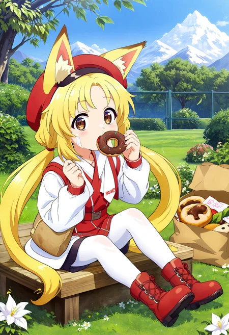 score_9,score_8_up,score_7_up,score_6_up,source_anime,<lora:MeMaHadrian>,1girl,chibi,outdoors,grass,mountain,animal ears,bag,blonde hair,boots,borrowed character,brown eyes,crossed belts,double-parted bangs,eating,feet up,flower,foliage,food,fox ears,hands up,hat,hikimayu,holding,eating doughnut,light blush,lily \(flower\),low twintails,on bench,pantyhose,paper bag,red footwear,red hat,red shirt,red sleeve cuffs,shirt,sidelocks,sitting,solo,tattoo,three quarter view,twintails,white flower,white pantyhose,white sleeves,open mouth,food on face,looking at viewer,surprised,