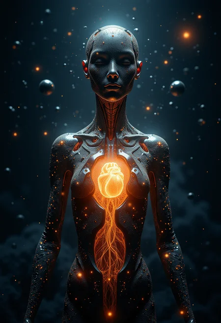 in the style of ck-ncr, A celestial cybernetic figure floating in deep space, their body shimmering with a texture of stardust fused with reflective nano-alloys. Their chest opens up to reveal a glowing organic core, pulsing like a heartbeat, sending tendrils of energy across the galaxy. The beingâs face is abstract and unrecognizable, with a digital fractal mask that shifts continuously, symbolizing the infinite potential of life and machine.