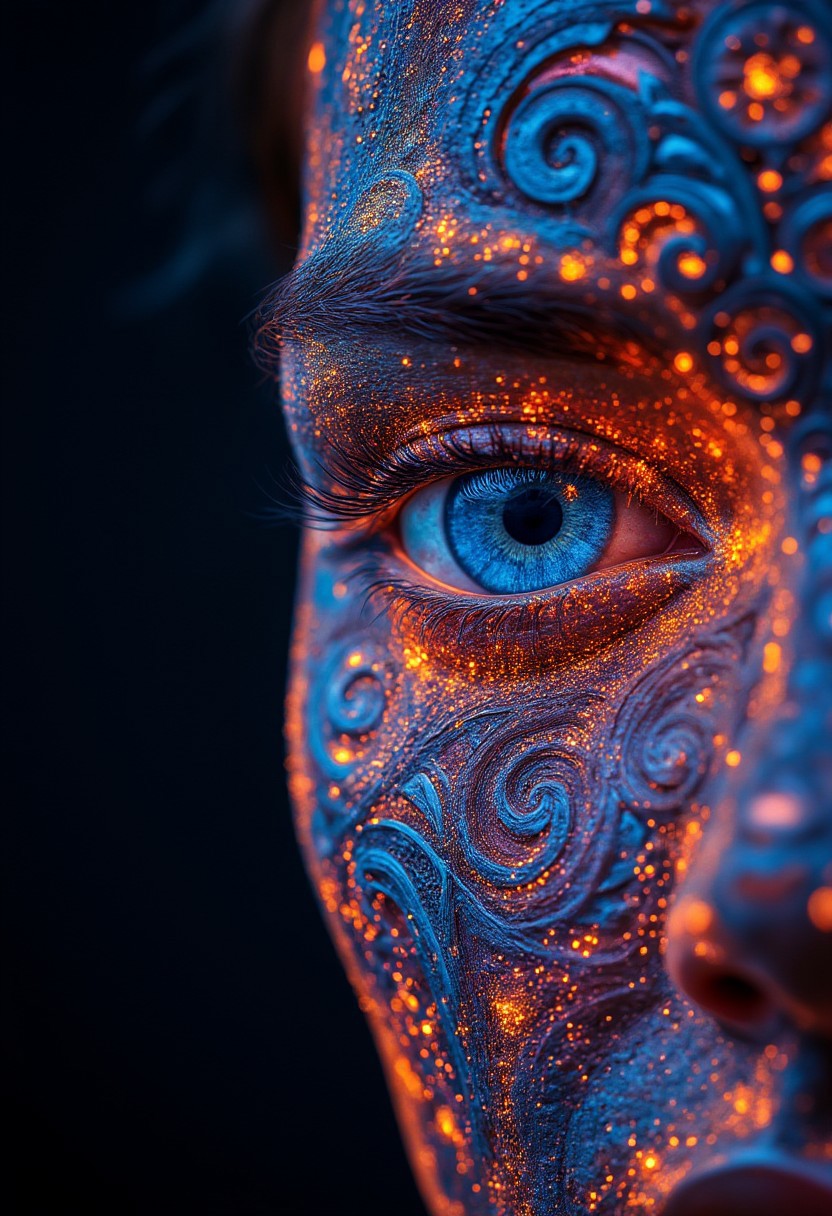 A close-up of a human eye rendered in a DMT-inspired style with vibrant glow, psychedelic colors and intricate patterns. The eye is detailed with swirling, floral, and fractal glowing designs, giving a surreal, dream-like appearance. The surrounding skin is also adorned with complex, colorful patterns that blend seamlessly into the eye, creating a mesmerizing and otherworldly glow effect.
aidmaGlow detailmaximizer