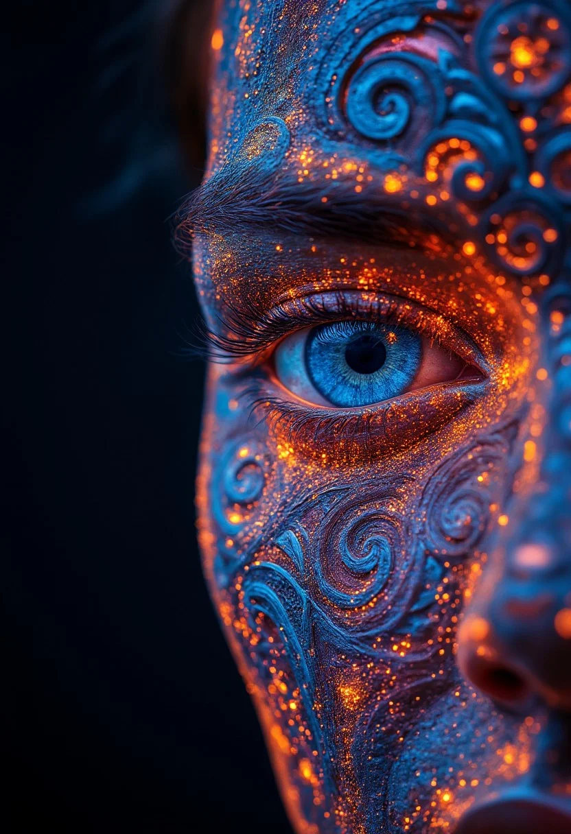 A close-up of a human eye rendered in a DMT-inspired style with vibrant glow, psychedelic colors and intricate patterns. The eye is detailed with swirling, floral, and fractal glowing designs, giving a surreal, dream-like appearance. The surrounding skin is also adorned with complex, colorful patterns that blend seamlessly into the eye, creating a mesmerizing and otherworldly glow effect.
aidmaGlow detailmaximizer