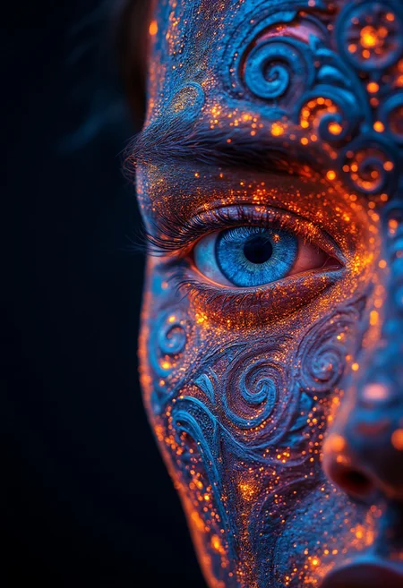 A close-up of a human eye rendered in a DMT-inspired style with vibrant glow, psychedelic colors and intricate patterns. The eye is detailed with swirling, floral, and fractal glowing designs, giving a surreal, dream-like appearance. The surrounding skin is also adorned with complex, colorful patterns that blend seamlessly into the eye, creating a mesmerizing and otherworldly glow effect.
aidmaGlow detailmaximizer
