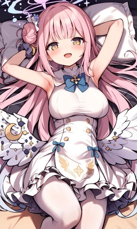 mika \(blue archive\), 1girl, solo, long hair, breasts, looking at viewer, blush, smile, open mouth, large breasts, hair ornament, dress, bow, yellow eyes, pink hair, flower, pantyhose, frills, lying, wings, sleeveless, hair flower, on back, armpits, white dress, hair bun, halo, arms up, pillow, sleeveless dress, blue bow, frilled dress, scrunchie, white pantyhose, white wings, single side bun, wrist scrunchie