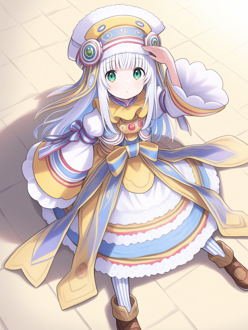 perfect quality,best quality,absolutely eye-catching,ambient occlusion,raytracing BREAK
1girl,<lora:riria IL v1.1:0.9>,riria,white hair,green eyes,long hair,hat,dress,lace trim,wide sleeves,long sleeves,shoes,ribbon,vertical-striped pantyhose,whie pantyhose,, from above, looking at viewer,upper_body,on stomach,shading_eyes,locked_arms,sitting_backwards,