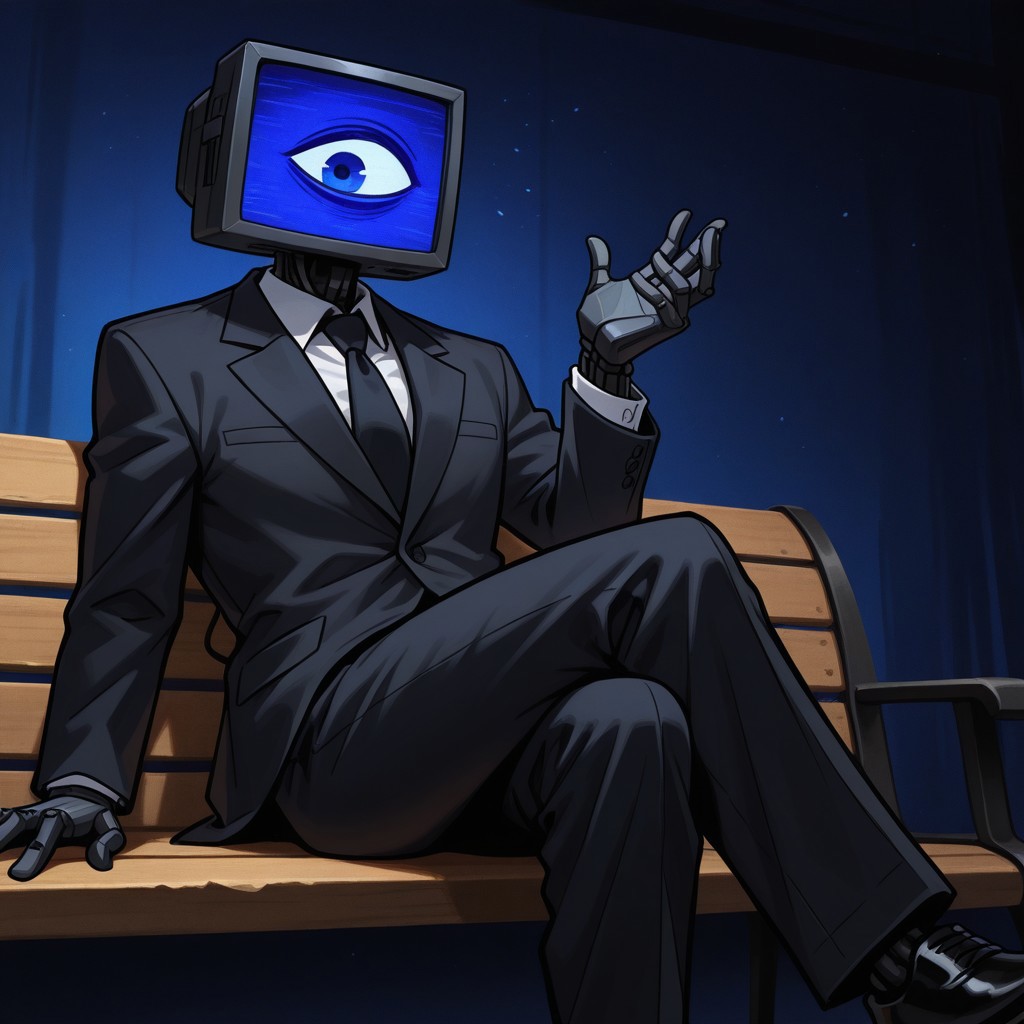 detailed, hires, absurd res, best quality, high quality, masterpiece, 4K, perfect eyes, perfect face, detailed hands, 5 fingers, newest BREAK male, 1boy, solo, ppthedoctor, robot, tv head, screen face, 1 eye, black suit, sitting on bench,
