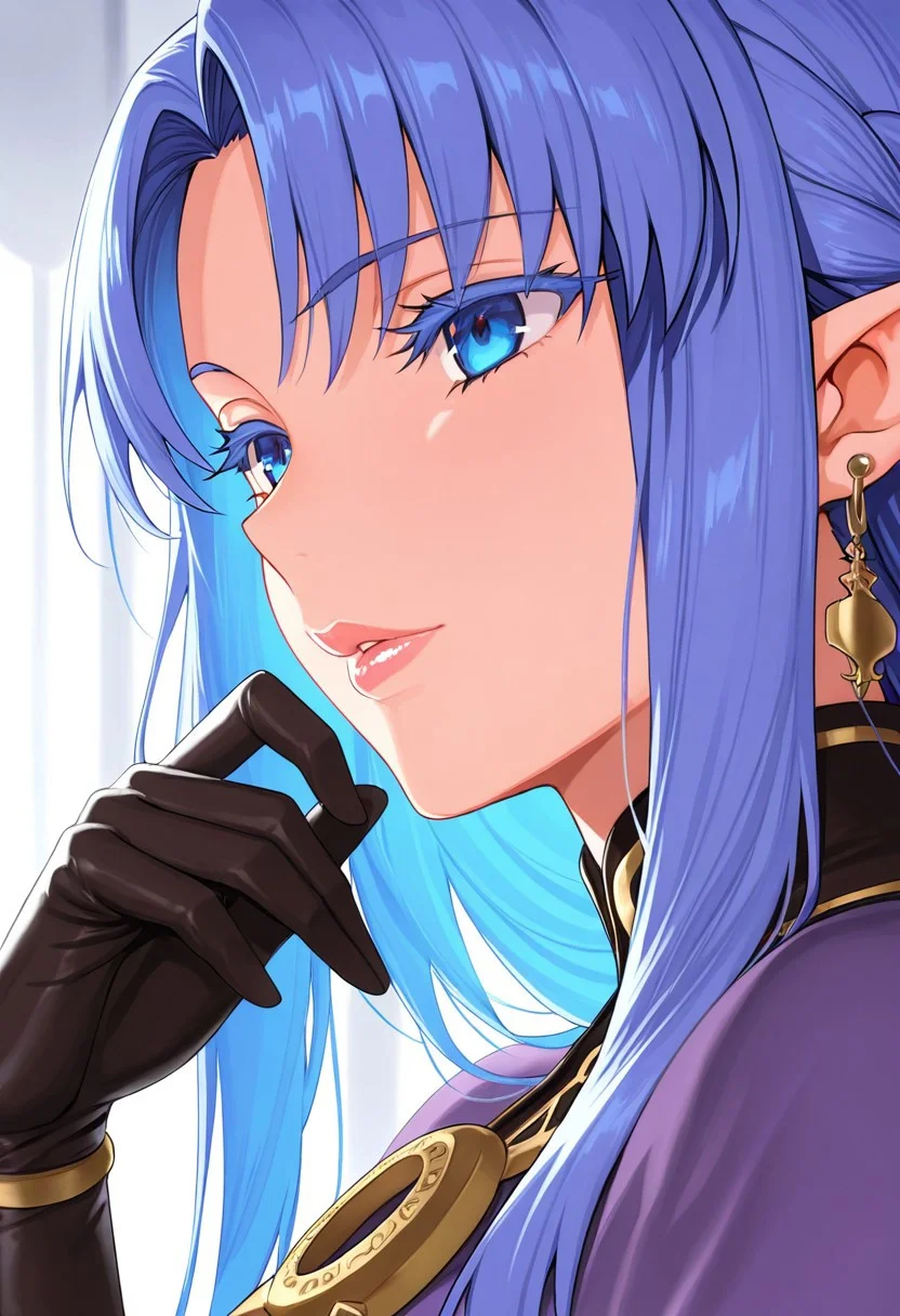 1girl, Medea \(fate\),, adult woman, earrings, masterpiece, purple dress, hand up, black gloves, blue hair, long hair, pointy ears, luscious lips, lip gloss, portrait, colored eyelashes, backlighting, blue eyes, goddess, glossy skin, ,hires,best quality, very aesthetic,absurdres,score_9, score_8_up, score_7_up, score_6_up, score_5_up, score_4_up, (hyper extreme detailed), (hyper quality), game CG, (colour:1.2),(from side:0.7)