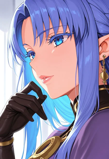 1girl, Medea \(fate\),, adult woman, earrings, masterpiece, purple dress, hand up, black gloves, blue hair, long hair, pointy ears, luscious lips, lip gloss, portrait, colored eyelashes, backlighting, blue eyes, goddess, glossy skin, ,hires,best quality, very aesthetic,absurdres,score_9, score_8_up, score_7_up, score_6_up, score_5_up, score_4_up, (hyper extreme detailed), (hyper quality), game CG, (colour:1.2),(from side:0.7)