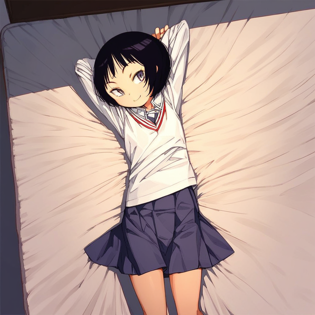 score_9, solo, mitani_mei, short hair, black hair, school uniform, skirt, lying on bed, from above, hands behind head, cute, smile