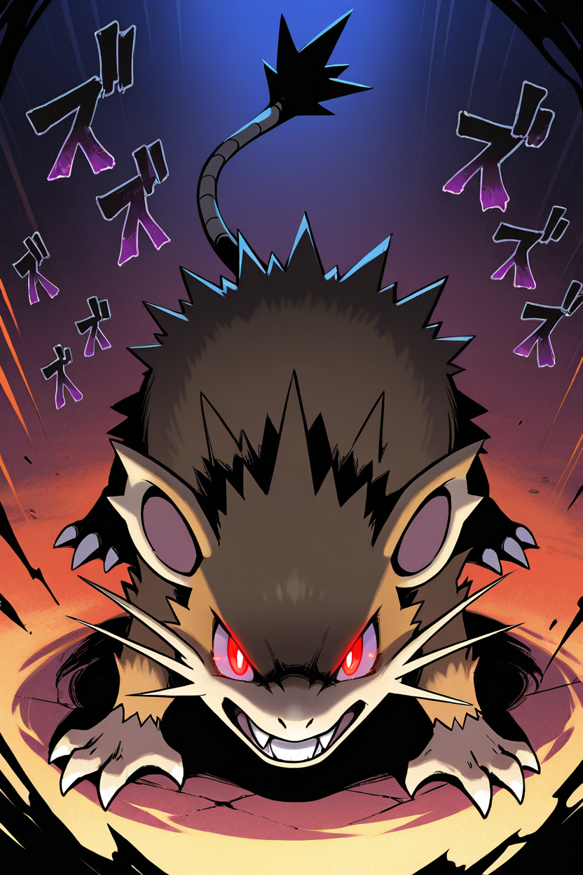 masterpiece, best quality,  zzRaticate, pokemon (creature), no humans, fangs, animal focus, teeth,  <lora:RaticatePokedexIXL:0.8>,   in a dark alleyway, glowing eyes, menacing pose, gritty and mysterious atmosphere, dramatic shadows, cinematic lighting