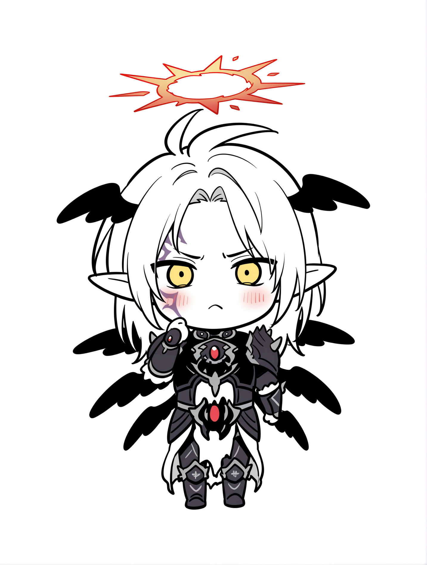 chibi, 1boy, the first darklord, solo, full body, male focus, standing, looking at viewer, blush, white skin, facial tattoo, closed mouth, hand up, frown, red halo, spot color, angel, black armor, black armored boots, black breastplate, black pauldrons, black vambraces, white pelvic curtain, white background, simple background, black head wings,multiple wings,
masterpiece,best quality,amazing quality,very aesthetic,absurdres,newest,<lora:The first DarkLord illusXL v1:0.77>,<lora:wai-2Rectified-V140:0.7>,