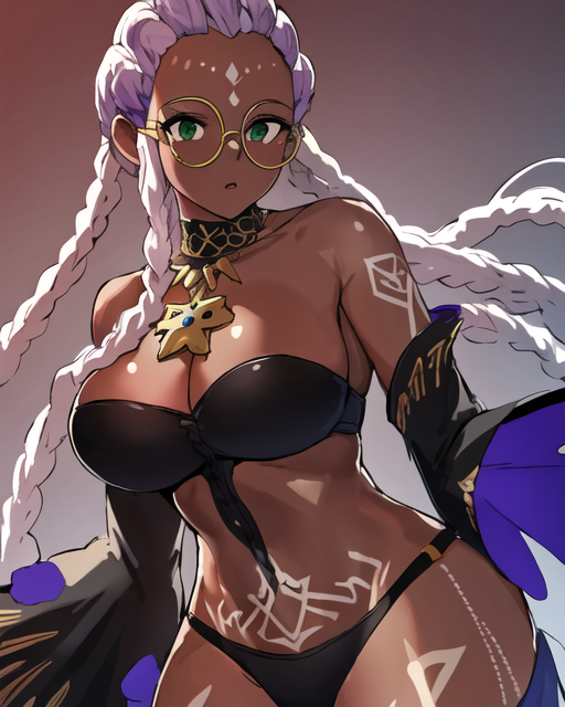 (masterpiece, best quality, high resolution, unity 8k wallpaper, extremely detailed CG:1), (illustration:1.0), 1girl, doloresms, 1girl, tattoo, glasses, green eyes, cleavage, black panties necklace, detached sleeves, bare shoulders, round eyewear, <lora:DoloresMS:1>
 <lora:HinghoiStyleMS:1>
