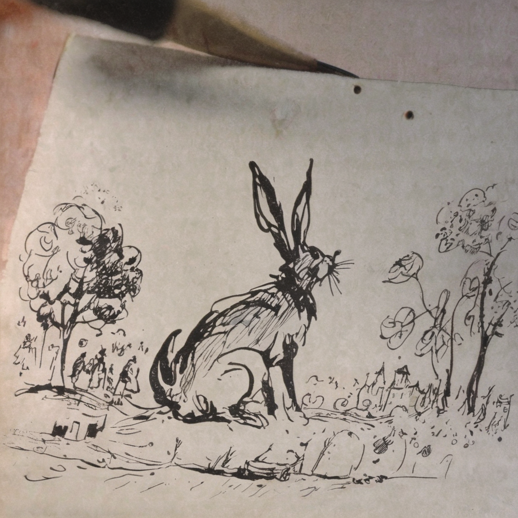 grabianski-sk surreal rabbit in fairy tale land, sketch<lora:grabianski-sk:1>