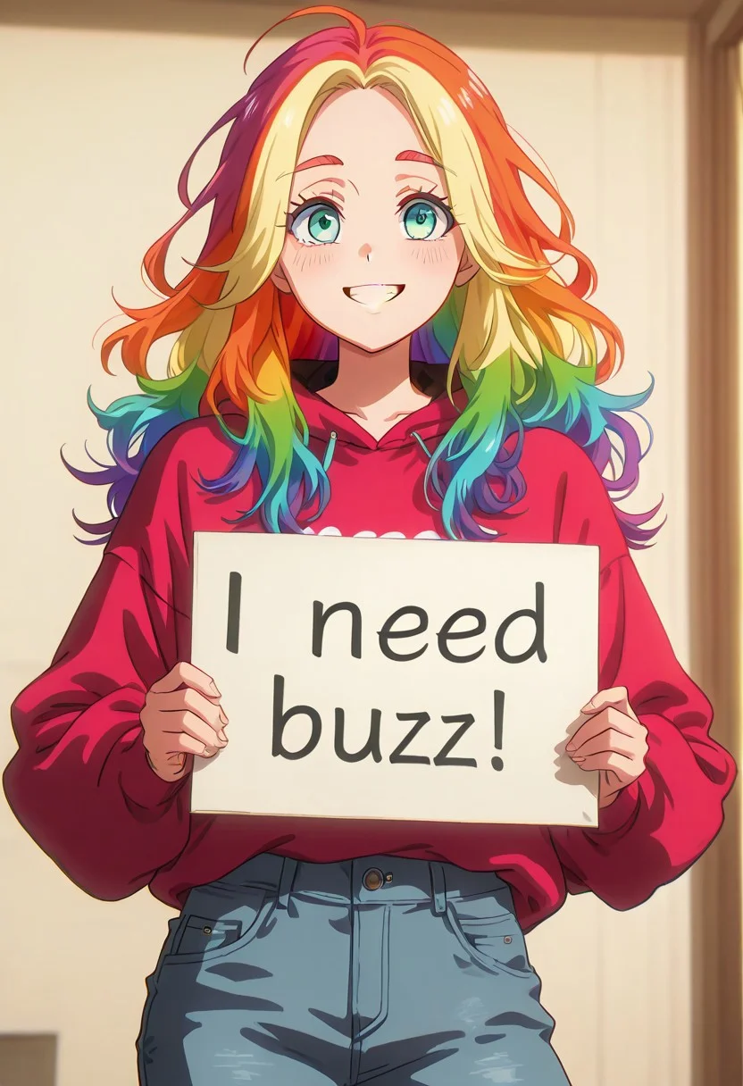 score_9, score_8_up, score_7_up, score_6_up,Enchanting Eyes, LDSCH Style, aesthetic, absurdres, beautiful, highres, detailed eyes,
Solo, 1girl, rainbow hair, turquoise eyes, attractive, long hair, cowboy shot, jeans, sweatshirt, need_buzz, holding sign, smiling