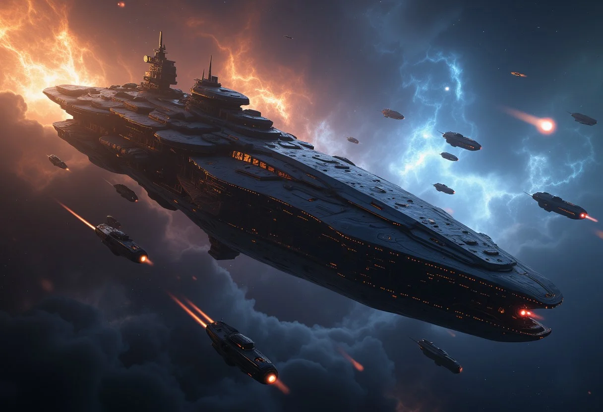 A highly detailed, dark-themed flash photograph in UHD and ultra-detailed resolution. A portrait of stunning clarity and precision, capturing the perfect anatomy and depth of a cosmic showdown. In a hyper-realistic and inspiring moment, a fleet of starships engages in a fierce battle against a colossal alien mothership amidst swirling nebula clouds and distant galaxies, creating a chaotic yet cinematic scene reminiscent of National Geographic photography, complete with soft, dramatic shadows.