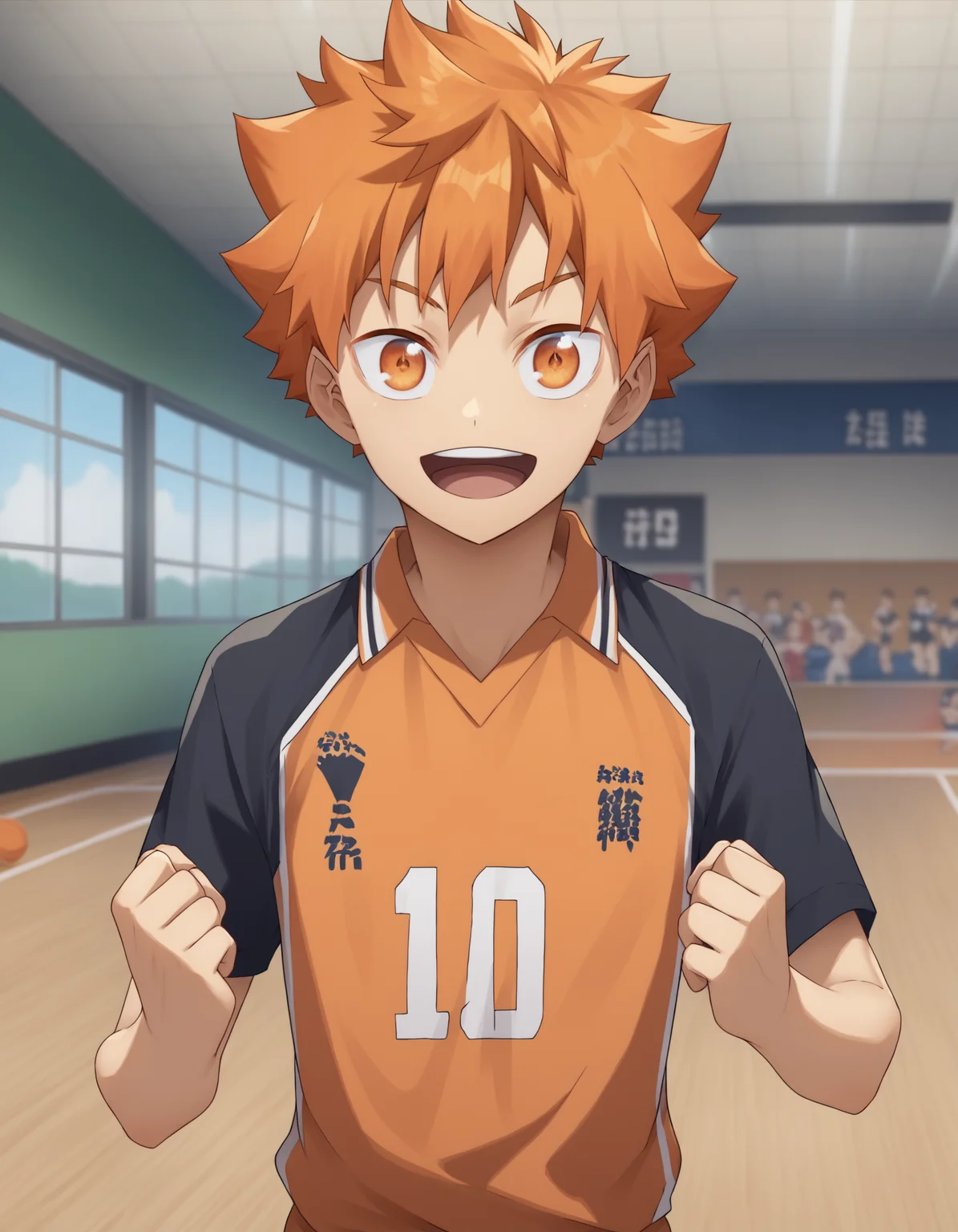 score_9, score_8_up, score_7_up, score_6_up, indoors, gym, fisheye, foreshortening, 1boy, solo, hinata shoyo, orange hair, orange eyes, volleyball uniform, open mouth, smile, clenched hands, looking up at viewer <lora:Hinata_Shoyo:0.75> <lora:rukiruki_AMXL_v1e-ShoAI:1>