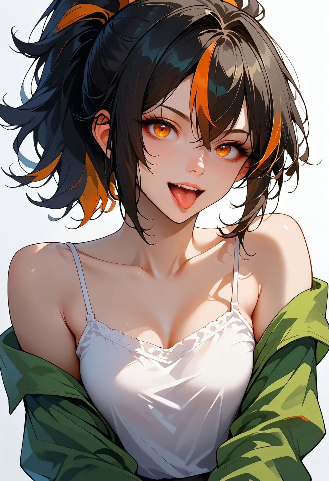 score_9, score_8_up, score_7_up, score_6_up, score_5_up, <lora:zhu_yuan_xl:0.8>zhu-yuan,black hair,ponytail,streaked hair,orange eyes, 1girl, solo, upper body, white background, white camisole, spaghetti strap, green shirt, collared shirt, long sleeves, off shoulder, bare shoulder, looking at viewer, :p, tongue out, happy, open mouth,