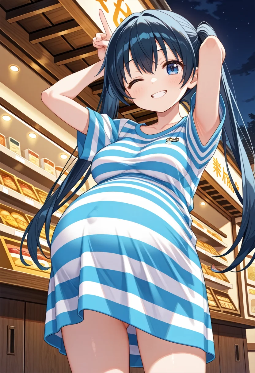 STYLE(comfy++,none) masterpiece, best quality, absurdres, 1girl, [tsukasawa takamatsu:cura, fuzichoco:0.3], torino aqua, komichi aya, kin-iro mosaic, blue eyes, blue hair, long hair, twintails, striped clothes, medium breasts, clothed, pregnant, big belly, standing, one eye closed,  evil grin, exhausted, looking at viewer, middle finger, index finger raised, arms up, cowboy shot, from below,  night, shop, game cg, <lora:Pregnancy_Slider:1.2> <lora:pregnant_clte:1> <lora:dmd2_sdxl_4step_lora_fp16:1>