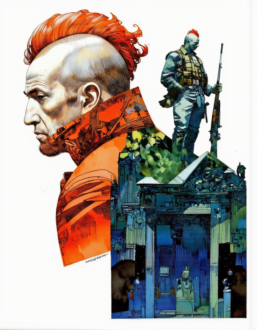 Art by Sergio Toppi. A digital illustration shoot from a profile camera angle about a stylized illustration of a prominent figure with a distinctive mohawk hairstyle, wearing a red coat, standing on a green and blue gradient background. the image also shows two figures, one standing on top of the other, both wearing military-style clothing and holding weapons. on the left side of the image, a man with an orange mohawks and a serious expression appears to be looking to the side, wearing an orange coat. the man on top is standing with his back to the viewer, holding a rifle in his right hand, while the man in the middle is facing the viewer. both figures are depicted in a profile view, with the man's hair styled in a spiky manner and his facial features clearly visible. the background is a gradient of blue and green, with a white background.