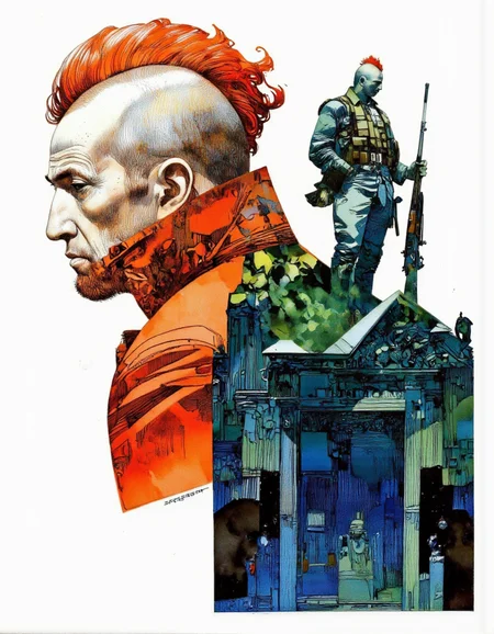 Art by Sergio Toppi. A digital illustration shoot from a profile camera angle about a stylized illustration of a prominent figure with a distinctive mohawk hairstyle, wearing a red coat, standing on a green and blue gradient background. the image also shows two figures, one standing on top of the other, both wearing military-style clothing and holding weapons. on the left side of the image, a man with an orange mohawks and a serious expression appears to be looking to the side, wearing an orange coat. the man on top is standing with his back to the viewer, holding a rifle in his right hand, while the man in the middle is facing the viewer. both figures are depicted in a profile view, with the man's hair styled in a spiky manner and his facial features clearly visible. the background is a gradient of blue and green, with a white background.