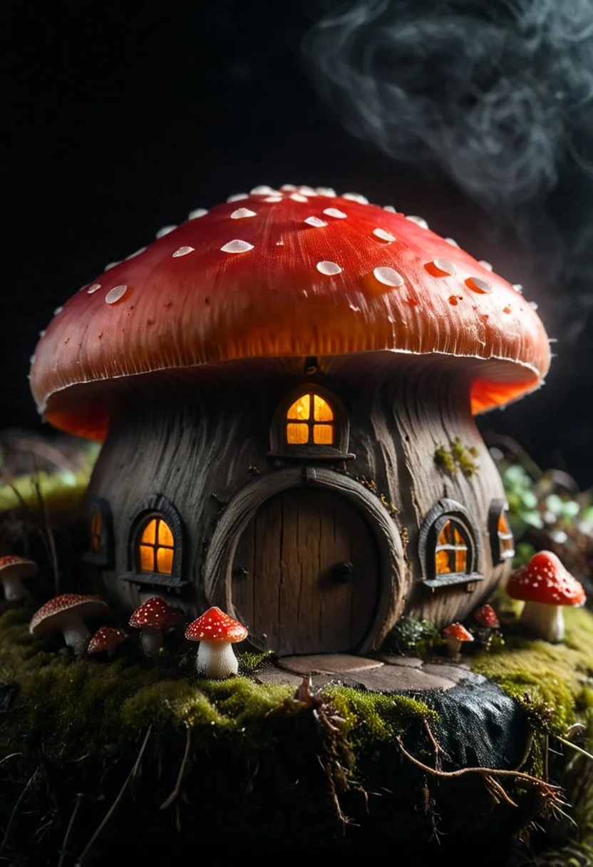 Hobbit Hole,, a closeup macro photo of a slightly red/white translucent small fly agaric mushroom with little Houses on its surface, Super Closeup, a Huge floating Natural mushroom habitus, Spiritual Ethereal installation,
deep Blacks, very detailed, atmospheric haze, Film grain, cinematic film still, shallow depth of field, highly detailed, high budget, cinemascope, moody, epic, OverallDetail, 2000s vintage RAW photo, photorealistic, candid camera, color graded cinematic, eye catchlights, atmospheric lighting, imperfections, natural, shallow dof