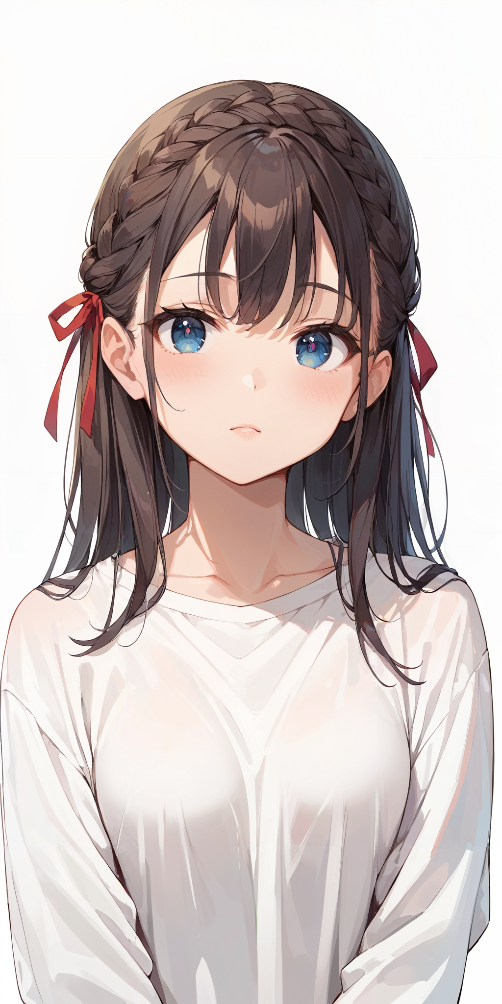 score_9, score_8_up, score_7_up,source_anime, high res image,masterpiece,best quality,girl,cute face,clear skin,shiny hair,ultra detailed eyes,simple background,   <lora:half up braid_pony_V1.0:1> half up braid,ribbon