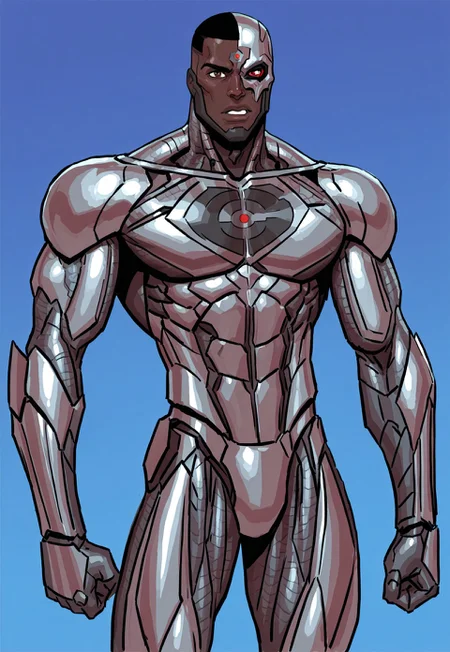 Blue background, simple background, solid color background, 2d, 1male, solo, DC Comics, Cyborg, Victor Stone, dark-skinned male, very dark skin, black hair, buzzcut, Partially robotic, metal body, silver armor, toned male, heterochromia, chest insignia, half mask, red eye, brown eye, tipeht