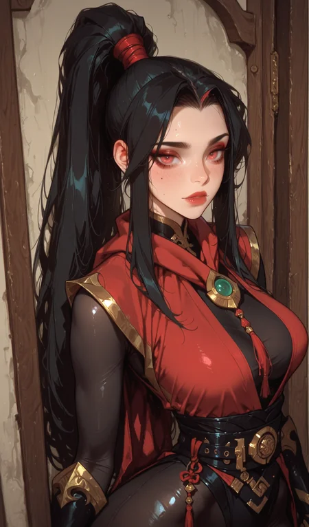 ,  masterpiece, best quality, amazing quality, absurdres, very aesthetic
 <lora:Mulan_arena-e100_s1600:1> Mulan_arena, asian woman, athletic build, long black hair, red eyes, high ponytail,  hips, black bodysuit, red cloak, gold accents, jade brooch, waist belt <lora:MoriiMee_Gothic_Niji_Style_Illustrious_r1:1> artist:moriimee