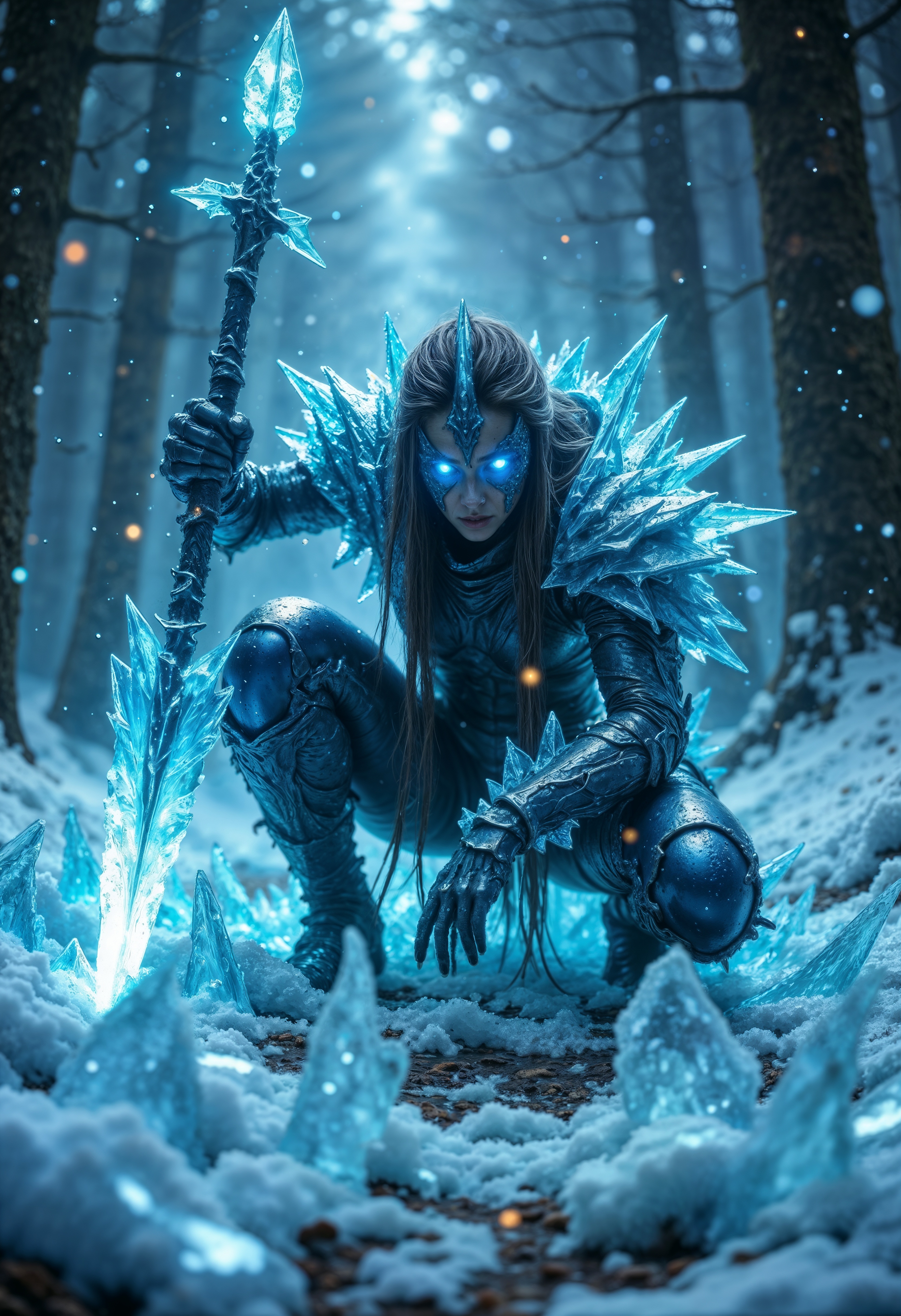 close up, glowing eyes. A fierce ice warrior crouched low in a dynamic pose, her glowing, icy-blue eyes burning with intense focus. Her body is encrusted with jagged shards of ice, blending seamlessly into her armor-like form, which reflects the cold light around her. She wields a sharp, crystalline spear in one hand, the weapon appearing as if carved directly from a frozen glacier. The environment is a dark, frost-covered forest with towering trees, illuminated by ethereal blue light. Shards of ice and snowflakes hover in the air, adding motion and drama to the scene. The ground beneath her is covered in sharp, reflective ice spikes, creating a menacing, otherworldly atmosphere. Highly detailed and cinematic, with a focus on textures, reflections, and icy realism. <lora:FluxMythR3alisticF:1> R3alisticF