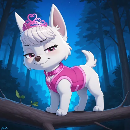 Sweetie(PP), solo, 1girl, feral, dog, dog girl, West Highland White Terrier, white fur, bangs, pointed dog ears, dog tail, short tail, pink eyes, pink collar, crown shaped dog tag, pink tiara, pink vest, full body, looking at viewer, standing on tree branch, eyes half closed, stoic expression, nighttime, forest background,