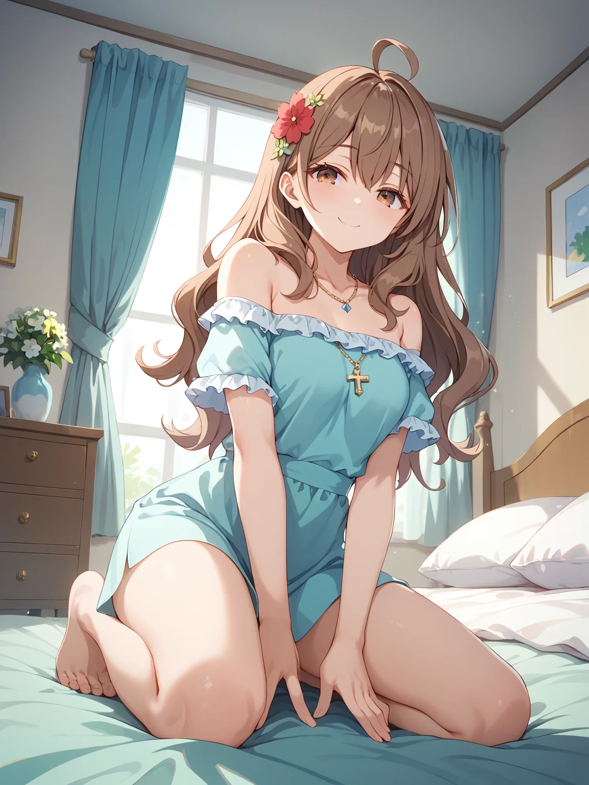 score_9, score_8_up, score_7_up,
best quality, masterpiece, bedroom, cozy room,
professional photo, high key light, hard shadow, soft bokeh,
masha_ane, brown eyes, brown hair, hair flower, long hair, ahoge,
looking at viewer, short sleeves, bare shoulders,
kneeling, smile shy face, low angle,
she is in the middle of a conversation expressing excitement,
the scene seems to be a playful moment, during a costume party,
soft natural light illuminating fair skin, minimal diamonds jewelry with a necklace,
hand placement strategic for modesty,
direct and engaging gaze, high-resolution image capturing fine details,
<lora:hinaAlyaMashaYuki_wifu_rev2:0.8>