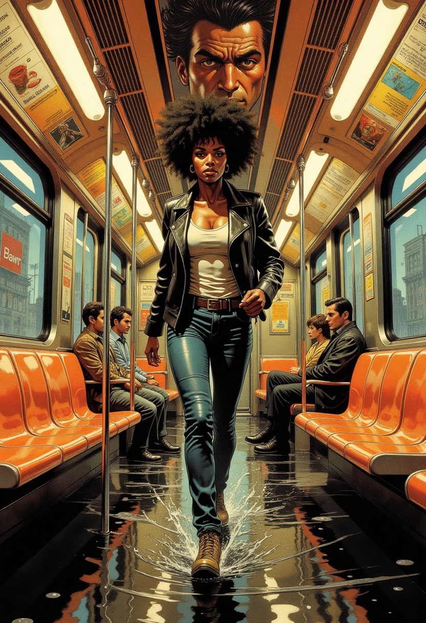 Comic book style 8k high quality digital painting , masterpiece, very detailed, ultra realistic, (best quality) very detailed epic masterpiece, image of the interior of a surface transport bus, captured in a warm, golden hue that gives the scene a nostalgic and slightly vintage feel. front view of a slim adult black woman, Afro Hairdo, Black leather jacket white tank top t-shirt and jeans, running fast across low water towards the camera, She is running very fast in low water towards the viewer. The bus features a sleek, modern design with polished stainless steel walls and ceilings. The floor is a dark, reflective black material that mirrors the light fixtures and the passengers' reflections. The seats are bright orange plastic, with a smooth, glossy finish, and are arranged in rows along the walls. Each seat has a backrest and a handrail for support. The windows are large and rectangular, allowing natural light to flood the car. Some people is sitting in the background.
On the walls, there are advertisements and informational posters. The ceiling is lined with fluorescent lights, casting a soft, even glow throughout the car. The photograph captures the everyday experience of riding public transportation, emphasizing the practicality and functionality of the city transport's design, fna_style, Comic book style