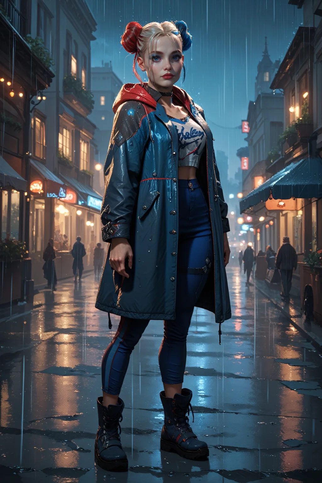 score_9, score_8_up, score_7_up, score_6_up
<lora:SQHarleyQ:0.8>
SQHarleyQ, 1girl, blue eyes, multicolored hair, twin buns, make up, looking at viewer, standing, full body, rain, at night, cityscape