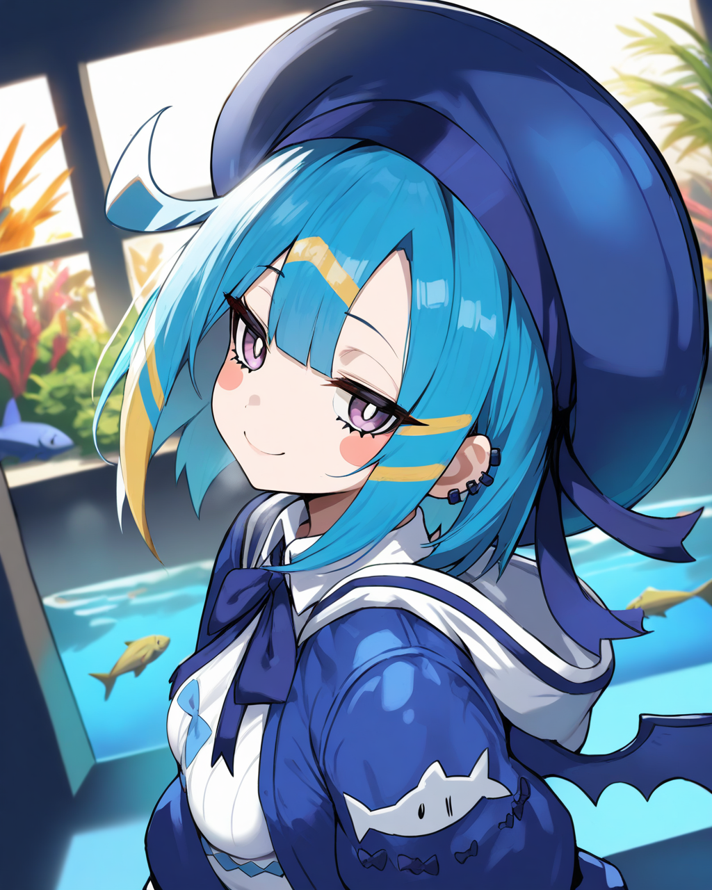 1girl,
LiveTwinLil-laYu-Gi-Oh,
sensitive, solo, dynamic angle, from side, chibi,
looking viewer, blush stickers,
dating, smile,
sailor hat, hat ribbon, 
hooded jacket, neck ribbon, puffy sleeves,
collared dress,
breasts,
aquarium, 
depth of field,
<lora:kp_LiveTwinLil-laYu-Gi-OhAnimagineXL_v1_1:1.0>,
masterpiece, high score, great score, absurdres