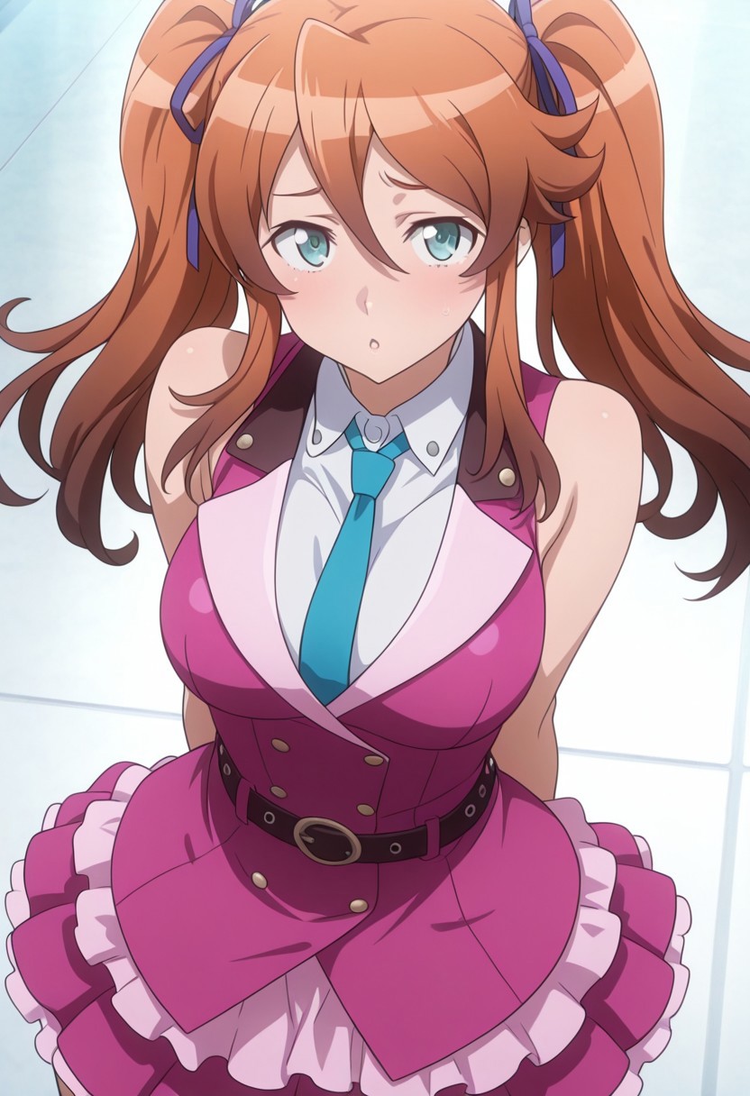 masterpiece,best quality,highres, source anime, anime screencapture,  aya_sugihara, 1girl, twintails, long hair, brown hair, green eyes, blue eyes, breasts,  necktie, sleeveless, pink waistcoat, white collared_shirt, ribbon,  skirt, thighhighs, belt, zettai ryouiki, idol, upper body, safe,