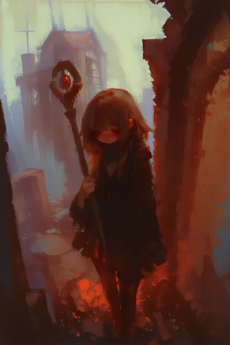 masterpiece, best quality, very aesthetic, dynamic composition, , Street level shot,Bird's-eye view,shy expression,Standing, 1girl, megumin, brown_hair, holding_staff, ruins, solo, building, outdoors, standing, post-apocalypse, facing away, pantyhose, city, sketch, traditional media, abstract, abstract background, painting \(medium\), no lineart