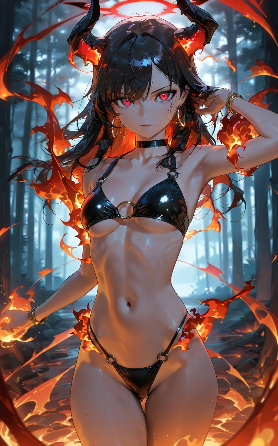 masterpiece, best quality, good quality, very awa, very aesthetic, absurdres, newest,
Corrupted, red eyes,
1girl,solo,long hair,breasts,looking at viewer,bangs,black hair,red eyes,navel,bare shoulders,jewelry,medium breasts,closed mouth,standing,collarbone,swimsuit,bikini,thighs,cowboy shot,earrings,small breasts,choker,armpits,stomach,lips,underboob,black bikini,highleg,ass visible through thighs,black choker,thigh gap,fire,o-ring,forest,hoop earrings,highleg bikini,o-ring bikini
masterpiece, best quality, amazing quality, very aesthetic, absurdres, ultra-detailed, newest,
, <lora:Demonification_Concept_Lora:0.8>,