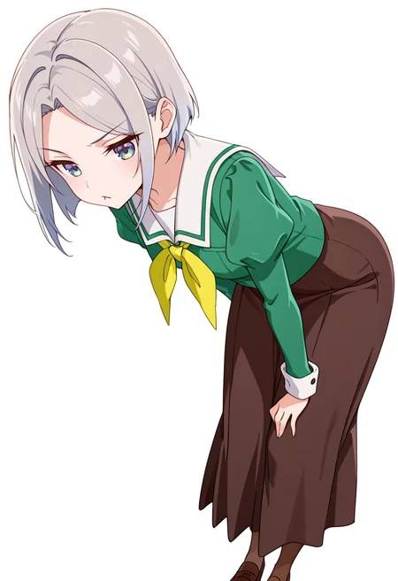 masterpiece,high quality details,absurdres,
<lora:Nishidera_Nene:0.8>
nene_cnr, 1girl, grey hair, short hair,
nene_s2,green shirt, white sailor collar, serafuku,long skirt,black-brown skirt, juliet sleeves,pantyhose, loafers,, simple background, white background, dutch angle,solo,, diamond mouth,