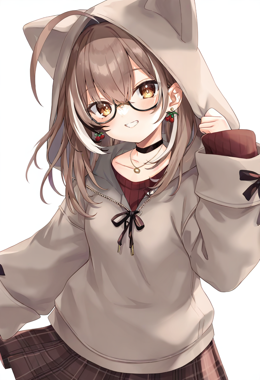 1girl,nanashi mumei,nanashi mumei \(casual\),hololive,hololive english,animal hood,berry,black choker,brown eyes,brown hair,brown hoodie,choker,earrings,food-themed earrings,glasses,grin,hood,hood up,hoodie,jewelry,long hair,long sleeves,looking at viewer,multicolored hair,necklace,official alternate costume,red sweater,round eyewear,runes,sleeves past wrists,smile,solo,streaked hair,sweater,virtual youtuber,plaid skirt,pleated skirt,black-framed eyewear,plaid,blush,white background,white hair,shirt,brown skirt,crossed bangs,simple background,red shirt,ahoge,upper body,oversized clothe,teeth,skirt <lora:kedamaMilkXL_NBVP1_lokr_V6311PZ:0.95>