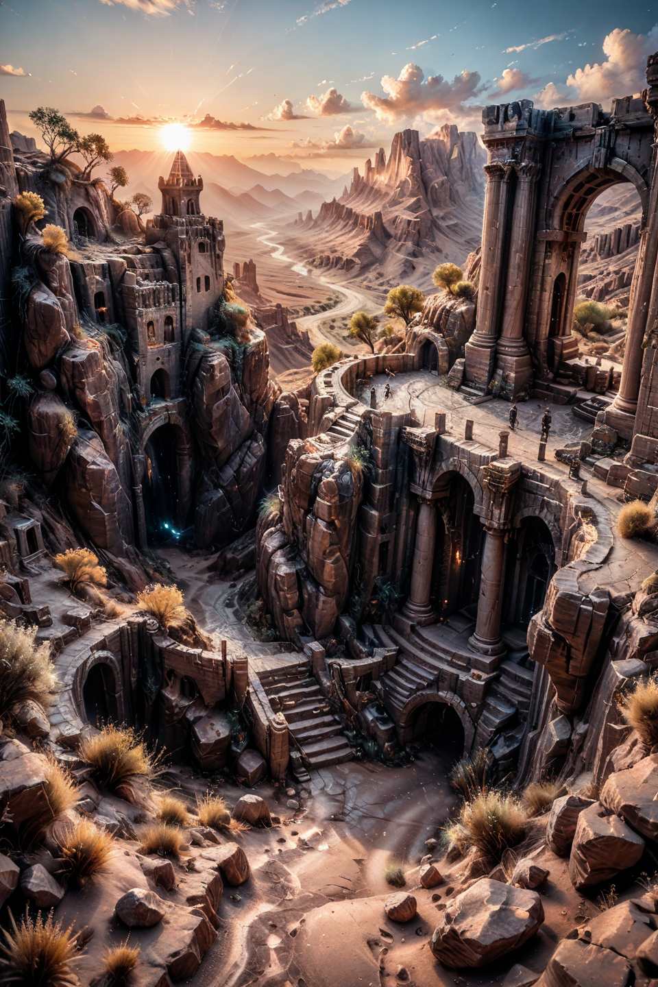 score_9, score_8_up, score_7_up,  realistic, photorealistic, extremely detailed, high detailed, unreal engine, Unity, (atmospheric perspective:1.3), blurry background
scenery, no humans, outdoors, sky, cloud, ruins, stairs, sun, mountain, day, sunlight, sunset, blue sky, cliff, rock, tree, cloudy sky, pillar, building, fantasy, landscape, arch, sunrise, column, desert, grass, plant, road, path, tower,
<lora:Model_2:0.7> <lora:landscapes_of_castles_and_fortresses:0.4>  <lora:cfg_scale_boost:0.2>, (from above:1.3), fisheye lens